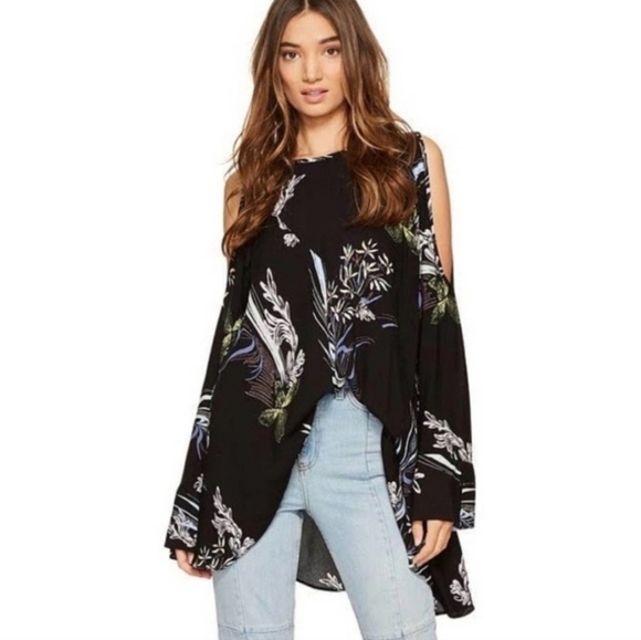 Free People Clear Skies Open Shoulder Printed Tunic in Black/Multi-Size XS - Picture 2 of 12